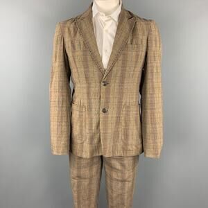 PODOLL Size M Brown Plaid Cotton Blend Peak Lapel Suit